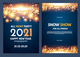 Happy new 2021 year flyer design template set with lights and bokeh effect