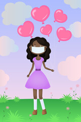 Wall Mural - African girl in mask hold heart shaped helium balloons. Vector illustration.