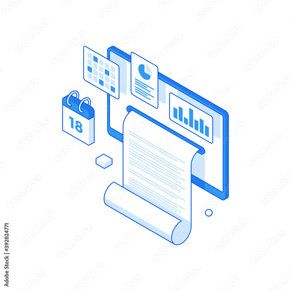 Infographic statistics and collection report online isometric concept. Project delivery time diagrams and research information.