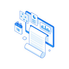 Poster - infographic statistics and collection report online isometric concept. project delivery time diagram