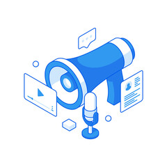 Poster - Media advertising and online podcasts isometric illustration. Social announcement new video apps and music recording.