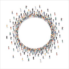 large group of people forming circle frame standing together, flat vector illustration. people crowd