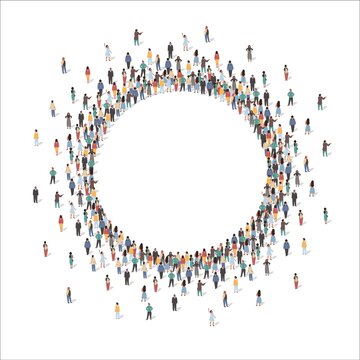 Fototapete - Large group of people forming circle frame standing together, flat vector illustration. People crowd gathering in shape of round border.
