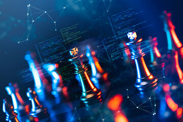 Finance business investment strategy competition, big data analytic artificial intelligence technology, AI computer coding and chess foreground.