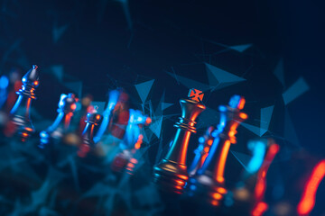 Finance business investment strategy competition, big data analytic artificial intelligence technology, AI computer coding and chess foreground.