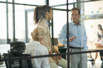 Wall Mural - Confident mature man explaining something to young female colleague while having brainstorming meeting in the modern office