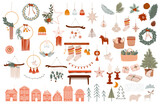 Fototapeta Boho - Merry Christmas or Happy New Year boho elements. Winter holidays element in Scandinavian style. Cozy hygge home decor elements. Editable vector illustration.