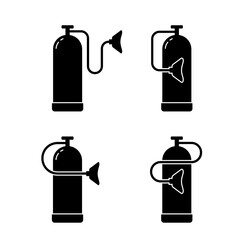 Silhouette oxygen cylinder with mask, outline icons set. Medical equipment for treatment of hypoxia. Black illustration of gas bottle or balloon. Flat isolated vector pictogram, white background