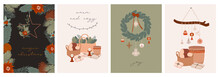 Merry Christmas Or Happy New Year Cute Greeting Cards Set With Holidays Boho Elements In Scandinavian Style. Cute Hygge Elements. Editable Vector Illustration