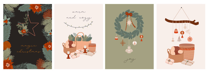 Merry Christmas or Happy New Year cute greeting cards set with holidays boho elements in scandinavian style. Cute hygge elements. Editable Vector illustration