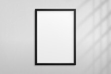 Mockup Black Frame Photo On Wall With Shadow. Mock Up Artwork Picture Framed. Vertical Boarder. Empty Board A4 Photoframe. Modern 3d Border For Design Prints Poster, Blank, Painting Image. Vector