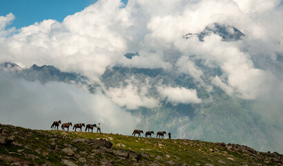 Arsha Pass on the trail to Mt Kazbek. Georgian men lead a team of horses along a distant ridge with the Caucasus Mountains.