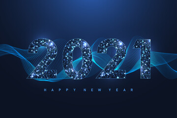 Fototapete - 2021 Merry Christmas and Happy New Year greeting card, poster, cover. Modern futuristic template for 2021. Digital data visualization. Plexus geometric effect. Vector illustration