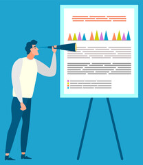 Poster - presentation on whiteboard vector, man with tube discovering details of project. stats and analysis 