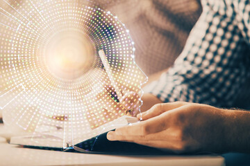 Man with multi exposure atificial intelligence brain icons.