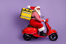 Photo Of Santa Drive Scooter Fast Food Delivery Wear Backpack X-mas Costume Striped Shirt Cap Specs Isolated Purple Color Background