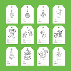 Wall Mural - Collection of tags for gift boxes. A set of labels with hand-drawn Christmas and winter Doodle elements. Black and white vector illustration isolated on a white background.