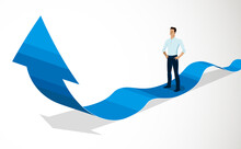 Businessman Standing On Arrow Rising Up Vector 3d Illustration, Concept Of Success And Business Growth.
