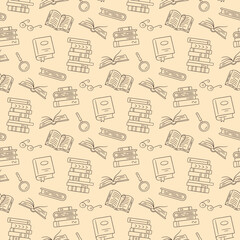 Paper books seamless pattern. Home library, book stacks, glasses in doodle style. Hand drawn vector illustration.