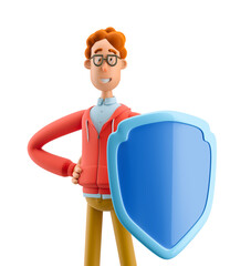 Safety and protection concept. 3d illustration. Nerd Larry with shield.