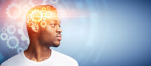Collage Of Serious Black Guy With Gears In His Head Thinking And Looking At Empty Space Over Blue Background