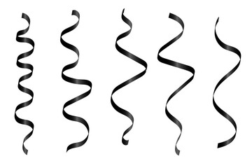 Set Black Curly Ribbons Isolated On White Background. Vector Illustration