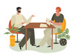 Job interview, recruitment, hr concept. Man and woman at the meeting in the office. Female boss talking to an employee. Recruiter having a conversation with a candidate. Flat vector illustration