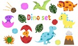 Fototapeta Dinusie - Dinosaurs vector cute set illustration, design elements for kindergarten, kid, child, of including Stegosaurus, Brontosaurus, Velociraptor, Triceratops, Tyrannosaurus rex, Spinosaurus, and Pterosaurs.