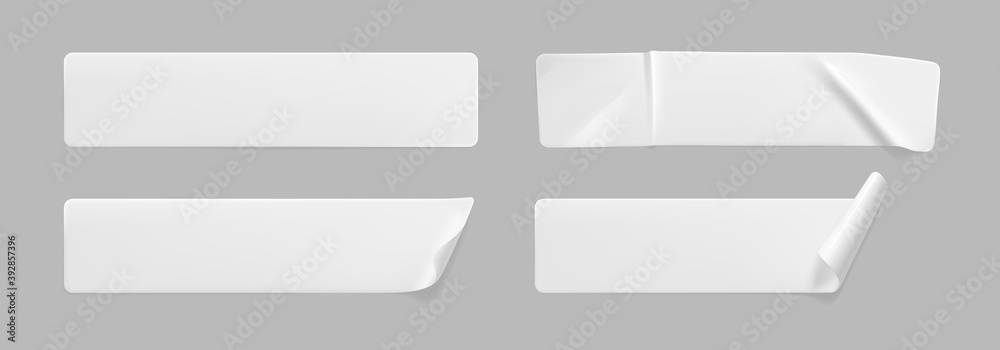White glued crumpled stickers with curled corners mock up set. Blank white adhesive paper or plastic sticker label with wrinkled and creased effect. Template label tags close up. 3d realistic vector - obrazy, fototapety, plakaty 