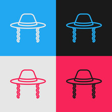 Pop Art Line Orthodox Jewish Hat With Sidelocks Icon Isolated On Color Background. Jewish Men In The Traditional Clothing. Judaism Symbols. Vector.