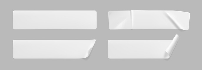 white glued crumpled stickers with curled corners mock up set. blank white adhesive paper or plastic