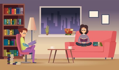 Poster - Reading family. Woman man read books in living room. Happy students study at night. Test preparation vector illustration. man, Woman and man reading and relax