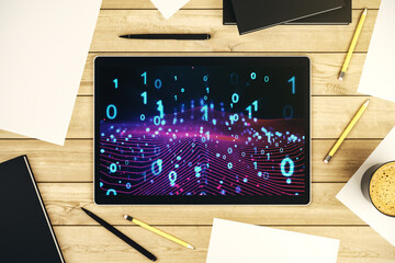 Leinwandbilder - Creative abstract binary code hologram on modern digital tablet display, AI and machine learning concept. Top view. 3D Rendering