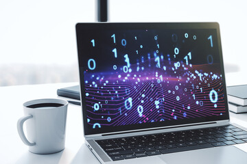 Aufkleber - Creative concept of binary code illustration on modern laptop screen. Big data and coding concept. 3D Rendering
