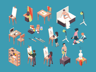 Poster - Artist accessories. People painters making picture with brushes and paint crafting vector artists isometric. Art hobby or craft, equipment and instrument illustration
