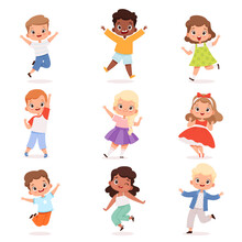 Happy Childrens. Cute Playing Kids In Action Poses Vector Boys And Girls. Illustration Childhood Character, Child Group Jump