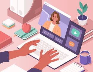 Wall Mural - Hands typing on Laptop with Video Chat on Screen. People Studying, Training and Communicating Together on Educational Platform. Online Education Concept. Flat Isometric Vector Illustration.