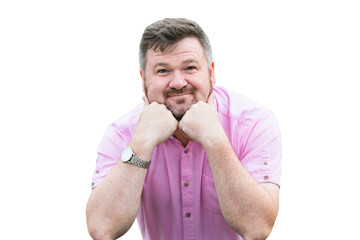 Caucasian man smiling with head in hands. Isolate on white background