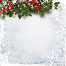 Christmas Decorations On Wood Background. Border With Fir Branches, Red Berries And Snowberry. Copy Space