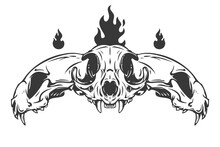 Three Cat Skull With Fire Flames In Monochrome Hand Drawn Style Isolated On White Background. Vector Cartoon Illustration. Retro Vintage Design Concept For Tattoo, Print, Cover.