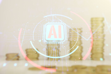 Poster - Double exposure of creative artificial Intelligence abbreviation hologram on growing coins stacks background. Future technology and AI concept