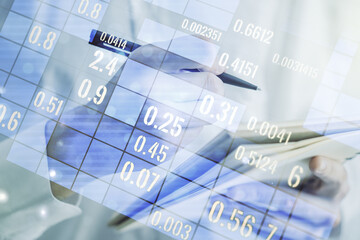 Poster - Multi exposure of abstract graphic data spreadsheet sketch with man hand writing in diary on background, analytics and analysis concept