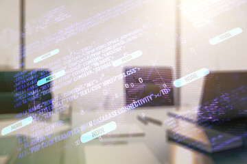 multi exposure of abstract software development hologram with world map and modern desktop with lapt