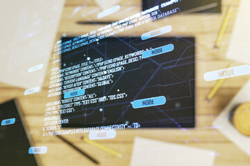 Poster - Double exposure of abstract programming language hologram and digital tablet on background, top view, research and development concept