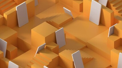 Fototapete - 3d render of white abstract cellphones standing among moving yellow platforms. Social media and network themed concept background.