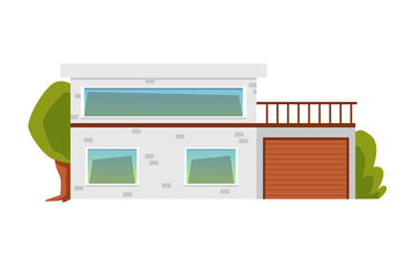 Wall Mural - Modern suburban house with garage and terrace flat vector illustration isolated.