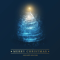 Merry Christmas, Happy Holidays Card - Christmas Tree Shape Made from Bright Spiralling Light on a Dark Blue Background