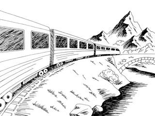 Train travel graphic black white landscape sketch illustration vector