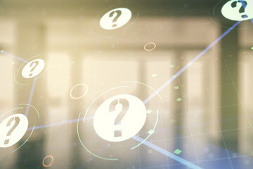 Aufkleber - Abstract virtual question mark illustration on empty corporate office background. FAQ and search concept. Multiexposure