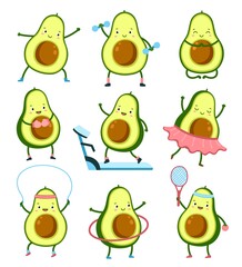 Sticker - Avocado sport characters. Gym training, healthy cartoon cute athletes. Tropical food fruits workout, play tennis doing yoga exact vector set. Illustration avocado sport exercise, cartoon character